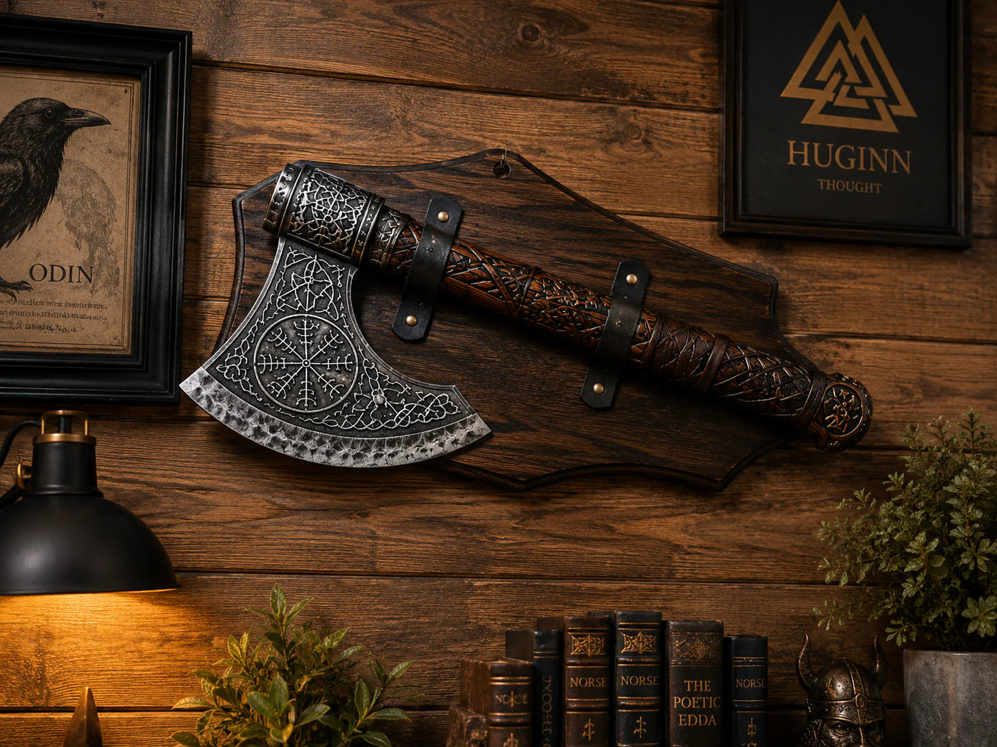 Ramaic axe displayed on wooden wall