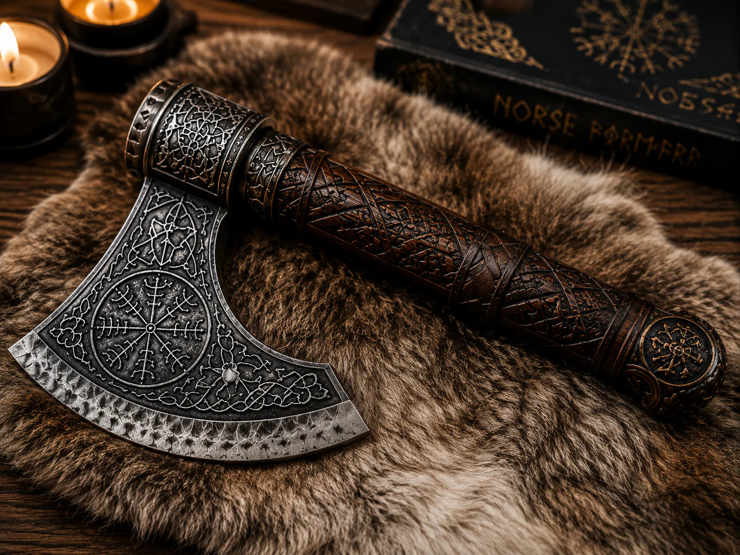 Close up of rune engraved axe