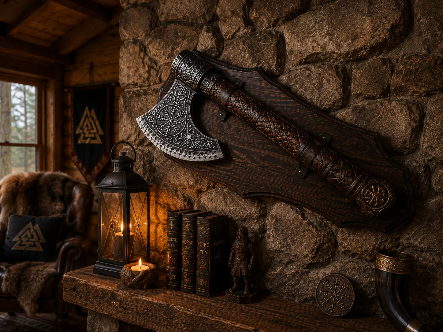 Cabin wall decor with Norse axe