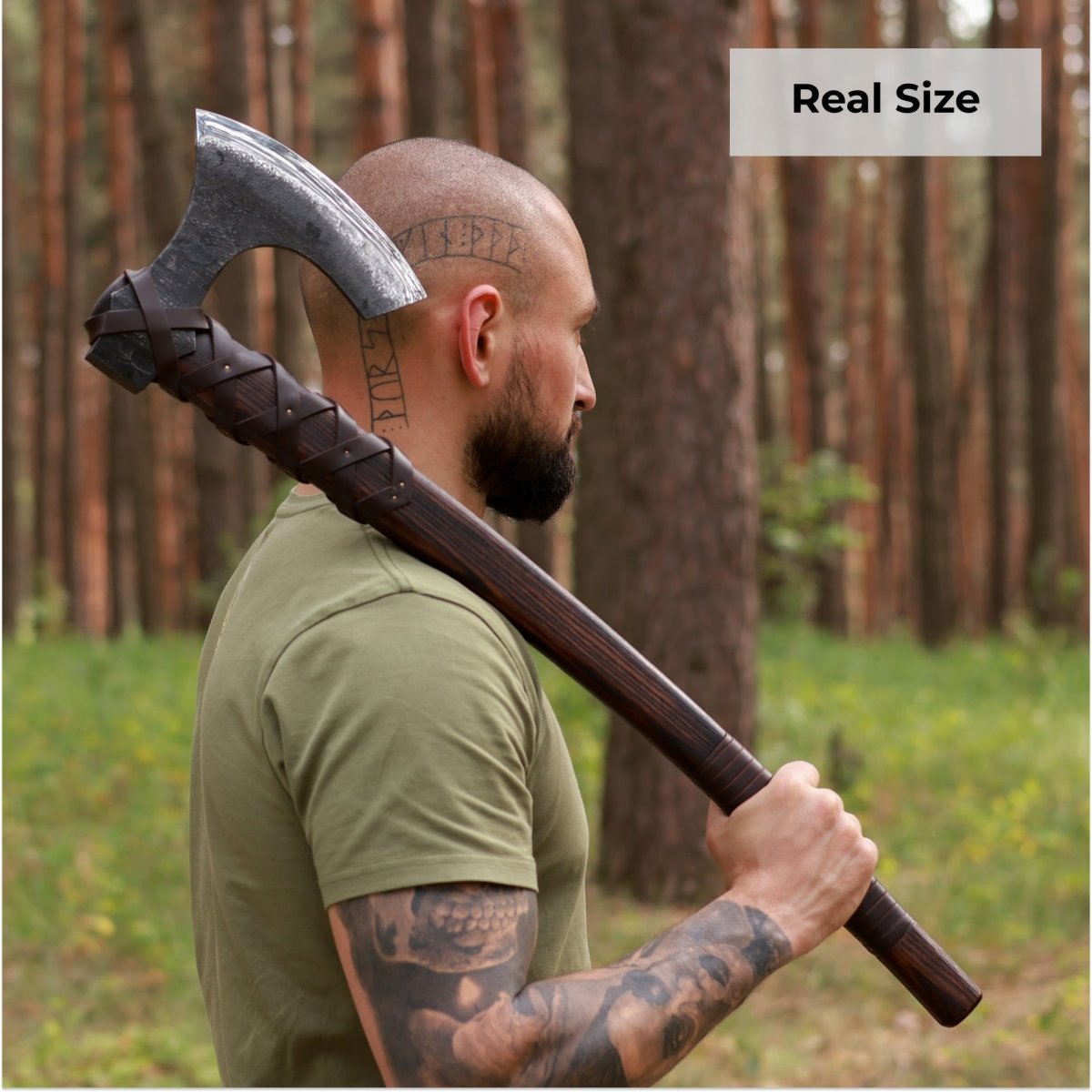 Viking long axe "Ragnvald" with carving handle and leather wrap