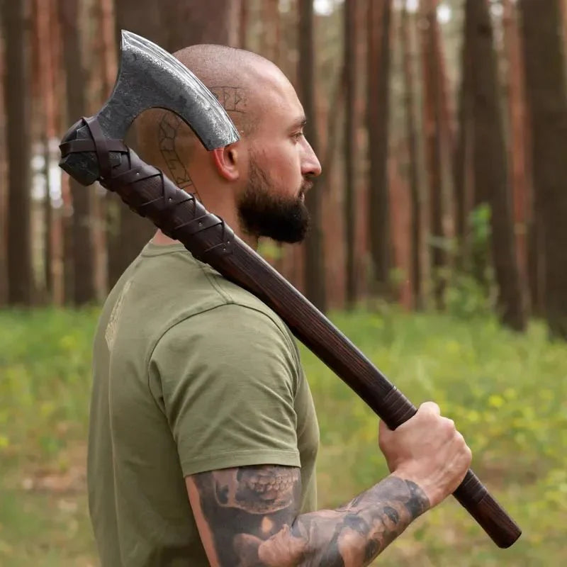 Viking long axe "Ragnvald" with carving handle and leather wrap